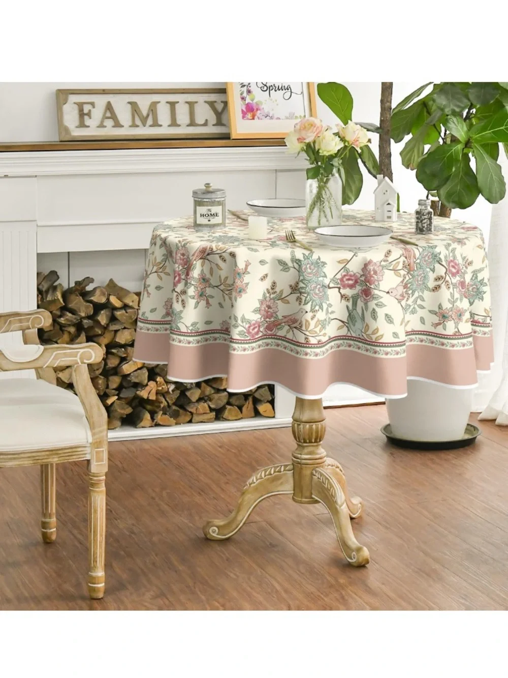 Floral Birds Tablecloth 70” ROUND Washable